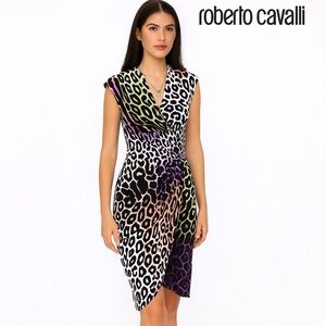 🆕🏷️Roberto Cavalli Black & Purple Animal Print Dress with Brooch Detail –